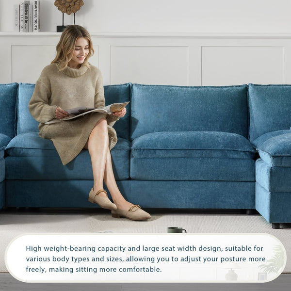English Elm [new U-shaped Chenille Cloud Sectional 6 Seat Modular Sofa with Movable Ottoman Blue N723S6546C