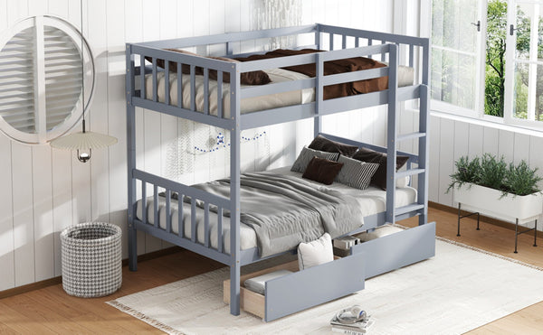 English Elm Twin Bunk Bed With Drawers - Space-Saving Convertible Twin Over Twin Design In Grey With Safety Features W504S00198-GIGA