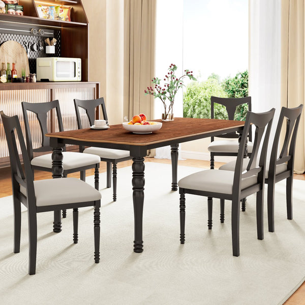 English Elm 7-Piece Extendable Dining Set with Removable Leaf and 6 Upholstered Chairs, Solid Rubberwood Legs, Seats 6 Black+Brown N752S000030B
