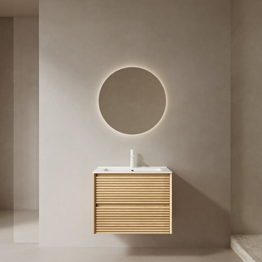 English Elm BRON 24" Bathroom Vanity with Ceramic Sink, Corolla Oak Veneer, Wall-Mounted Floating Cabinet, Soft-Close Drawers W2615P264552