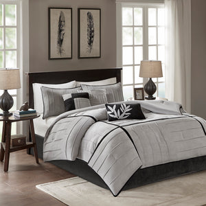 JLA Home Madison Park - 7 Piece Faux Suede Comforter Set: Ultra-Soft Microsuede, Reversible Grey with Black Trim, Pintuck Texture MP10-1338