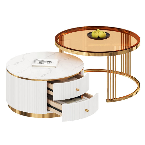 English Elm Modern Round Nesting Coffee Table Set with Gold Pedestal Legs and Storage Drawers Brown,White N735P349323D