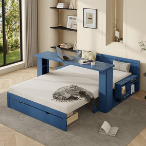 English Elm Full Size Daybed with Hydraulic Desk Armrests Storage Drawer and Sofa Seating Blue LT000271AAC