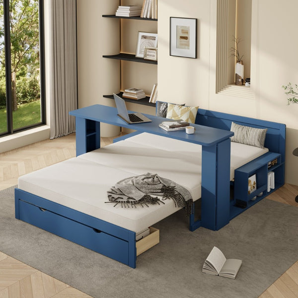 English Elm Full Size Daybed with Hydraulic Desk Armrests Storage Drawer and Sofa Seating Blue LT000271AAC