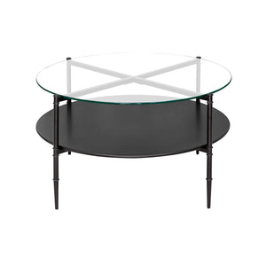 JLA Home Martha Stewart - Round Matte Black Coffee Table with Interchangeable Wood & Tempered Glass Tops, Lower Shelf Elegance MT120-1189