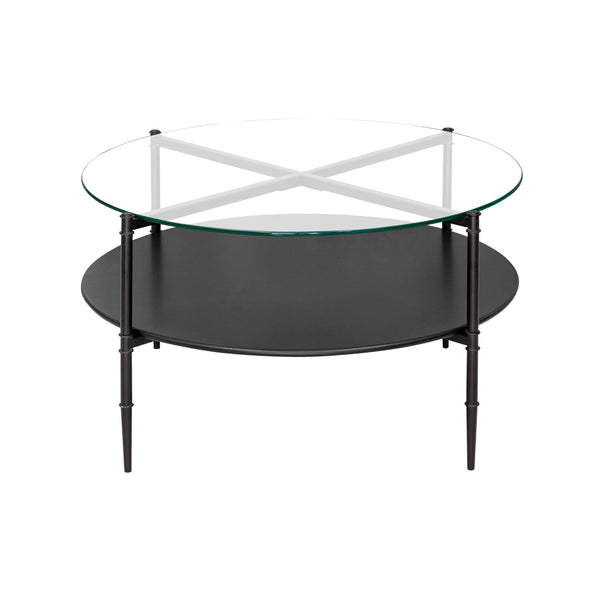 JLA Home Martha Stewart - Round Matte Black Coffee Table with Interchangeable Wood & Tempered Glass Tops, Lower Shelf Elegance MT120-1189