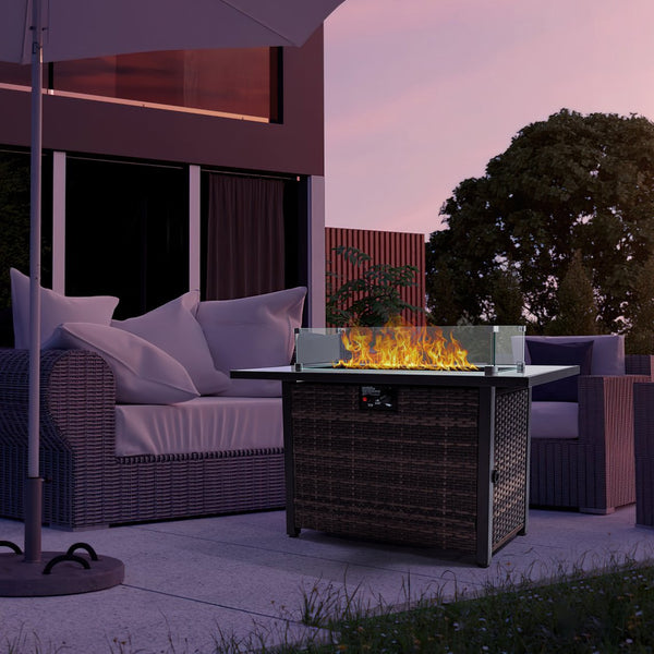 English Elm Outdoor Fire Pit 50,000 BTU Propane Gas Fire Table with Wicker Base, Glass Wind Guard, Lid, Patio Warmer Black+Brown W213P266078