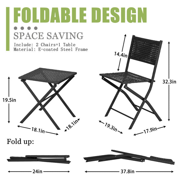 English Elm Patio Folding Bistro Set with E-coated Steel Frame for Balcony Garden Outdoor Dining Black T5880P492161