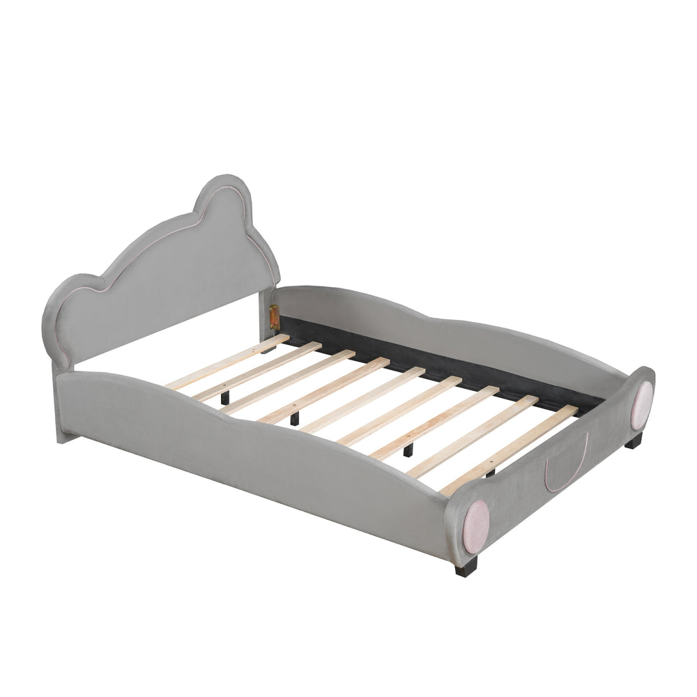 English Elm Full Velvet Bear-Shaped Platform Bed Full Size with Storage Pocket, Cute Cuddly Headboard, Gray Plush Finish SF000143AAE
