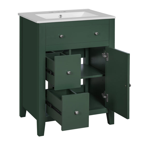 English Elm 24" Modern Bathroom Vanity with Ceramic Basin, French Country Cross-Grid Design & Soft-Close Drawers Green N710P280655F