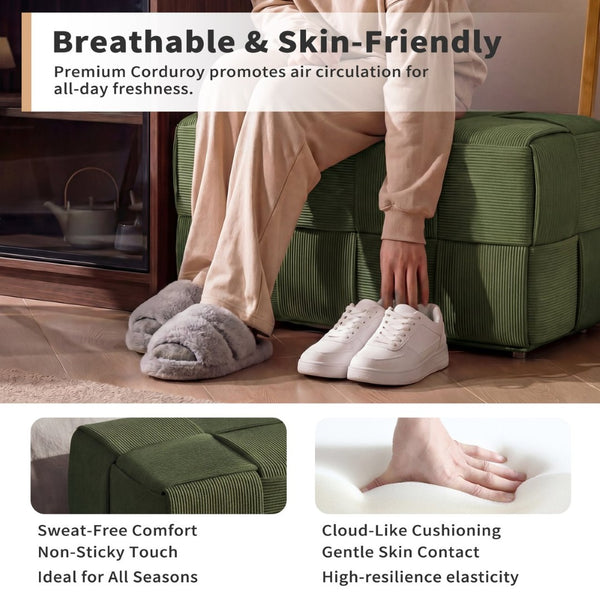 English Elm Ottoman Square Corduroy Upholstered Footrest with Ribbed Texture for Living Room Seating Green W3851P453270