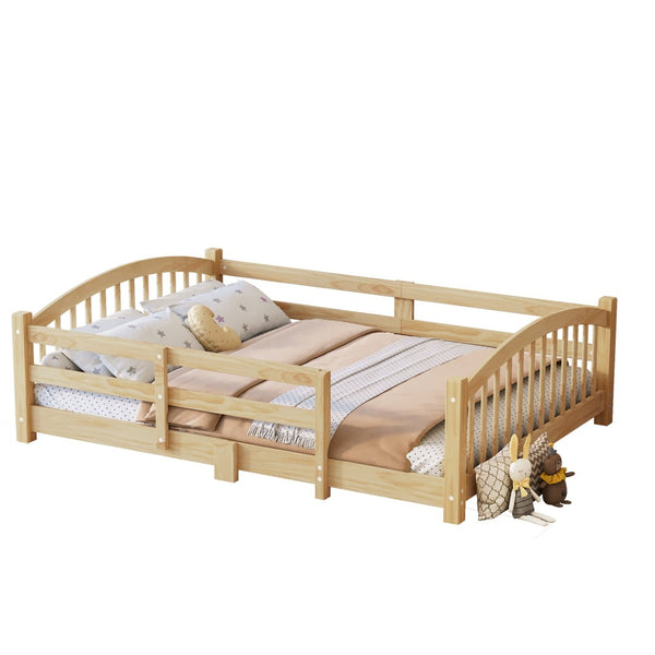 English Elm Full Montessori Pine Wood Floor Bed with Safety Rails Low Profile Kids Room Frame Natural N733P400299N