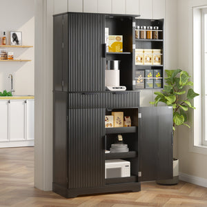 English Elm 72" Fluted Kitchen Pantry Cabinet with Anti-Tilt Stabilizers, Triple-Fold Hinges, Spice Door Racks and Deep Storage Black W2917P294985