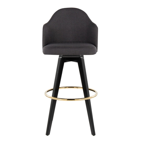 English Elm Fixed-height Swivel Barstools Charcoal Upholstered Seats Gold Footrest Set of Two B202S01863