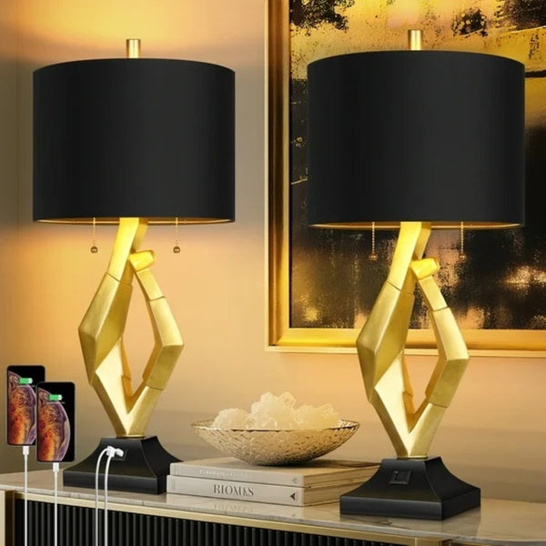English Elm 25.5in Gold Resin Sculptural Bedside Lamp Set with Black Linen Shades and Usb Ports W3355P440837