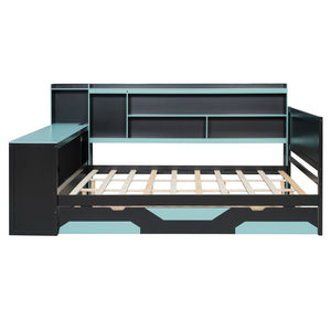 English Elm Queen Gaming Bed Frame with Desk Led Lighting Storage Drawers and Bookcase Headboard Black+Blue LP000290AAC