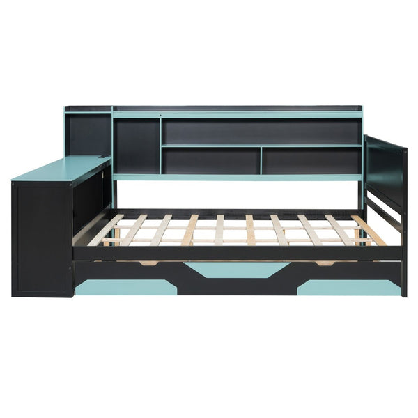 English Elm Queen Gaming Bed Frame with Desk Led Lighting Storage Drawers and Bookcase Headboard Black+Blue LP000290AAC