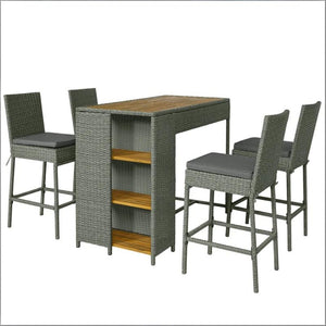 English Elm Garden Dialogue Acacia and Wicker Outdoor Bar Set with Four Tucking Barstools Gray,Natural Wood T3971S00204