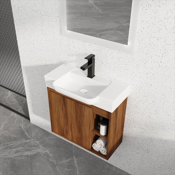 English Elm 24'' Wall-Mounted Bathroom Vanity with White Ceramic Sink, Soft-Close Door, Open Shelves, Moisture-Resistant Finish W999P263406