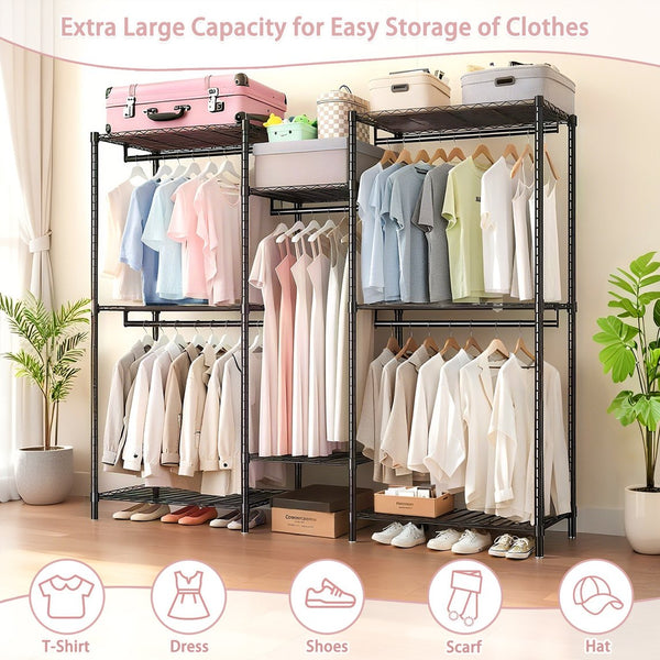 English Elm Heavy Duty Garment Rack — Adjustable 8 Shelves & 5 Rails Freestanding Closet Organizer, Black, Durable W3204P318297