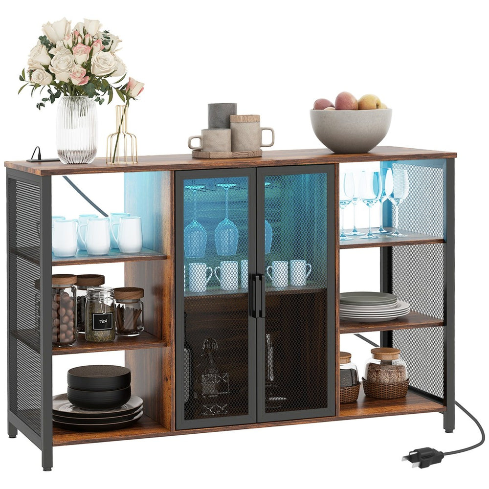 English Elm Homcom Rustic Bar Cabinet with Rgb Led Lighting Charging Station and Stemware Storage W2225P173928