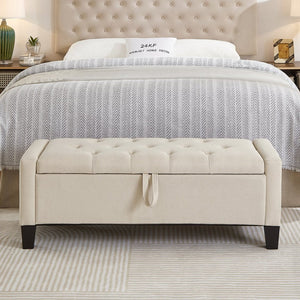 English Elm Ottoman Storage Bench Tufted Linen Upholstered Entryway Seat with Lift Top Shelf Beige W2186P465442