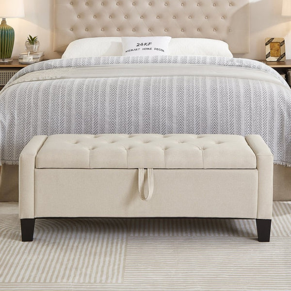 English Elm Ottoman Storage Bench Tufted Linen Upholstered Entryway Seat with Lift Top Shelf Beige W2186P465442