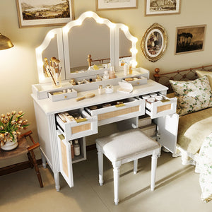 English Elm 44.37 Inch Hollywood Led Vanity Desk Tri-fold Mirror Bamboo Drawers Bedroom White N704P342558K