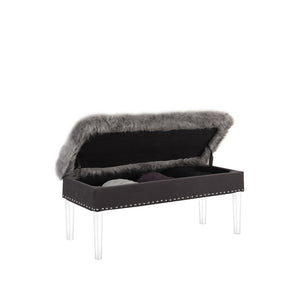 English Elm 20" Plush Gray Horice Mid-Century Tufted Storage Bench with Faux Fur, Acrylic Legs & Nailhead Trim, 45"L B072P222453