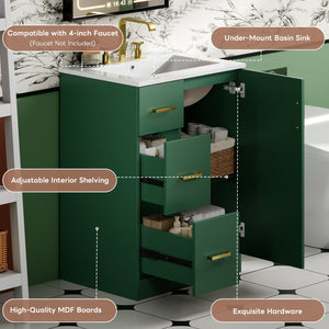 English Elm 24" Modern Bathroom Vanity with Under-Mount Sink, Vertical Stripe Design, 2 Drawers & Soft-Close Cabinet Green N710P288936F