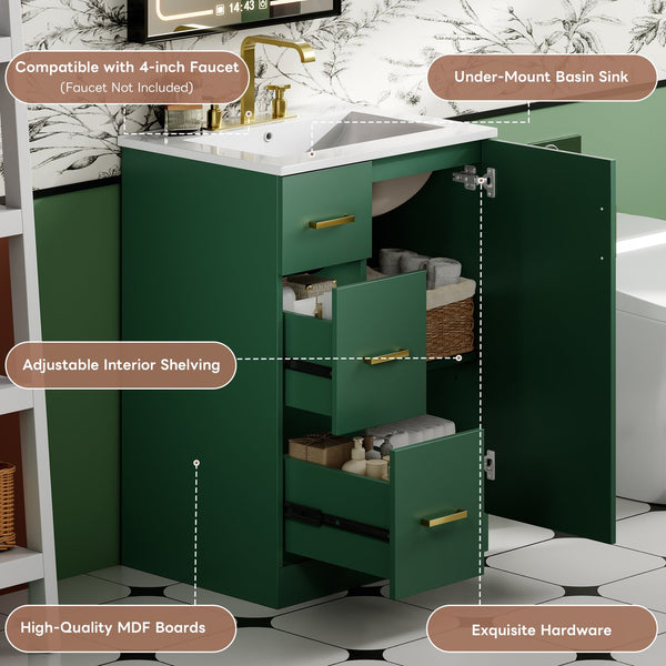 English Elm 24" Modern Bathroom Vanity with Under-Mount Sink, Vertical Stripe Design, 2 Drawers & Soft-Close Cabinet Green N710P288936F