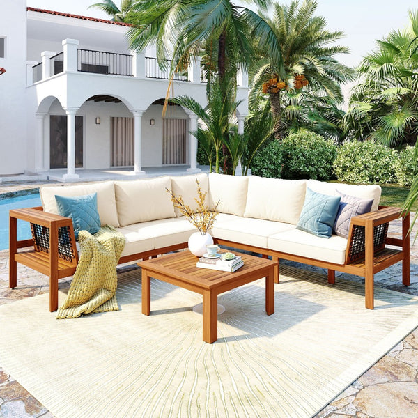 English Elm <old Old Sku Acacia Wood L-shaped Patio Sectional with Woven Rope Armrests Resort Cushioned Set Beige,Teak N704F201249N
