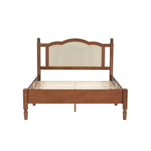 English Elm Full Size Walnut Platform Bed with Arched Rattan Headboard for Coastal Bohemian Rooms N733P180014D