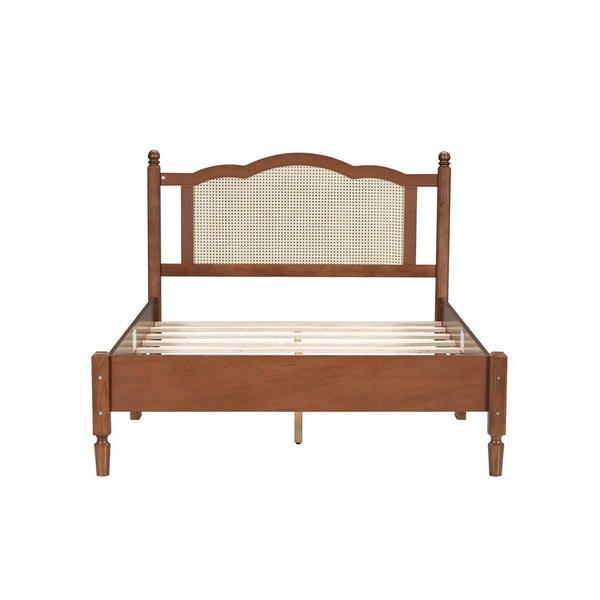 English Elm Full Size Walnut Platform Bed with Arched Rattan Headboard for Coastal Bohemian Rooms N733P180014D