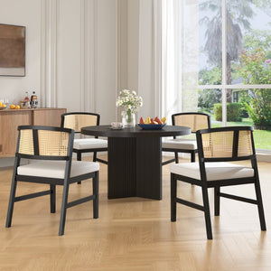 English Elm Rattan Back Armless Dining Chairs Upholstered Seat Rubberwood Frame Kitchen Set of 2 Black+Beige N842P400687B