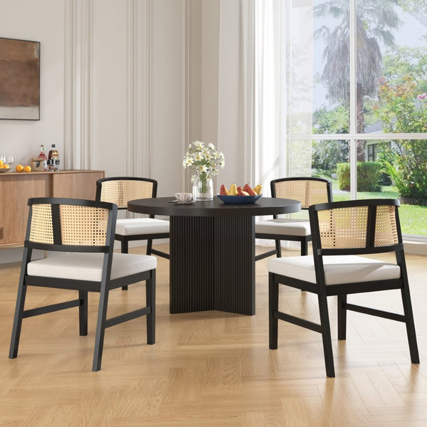 English Elm Rattan Back Armless Dining Chairs Upholstered Seat Rubberwood Frame Kitchen Set of 2 Black+Beige N842P400687B
