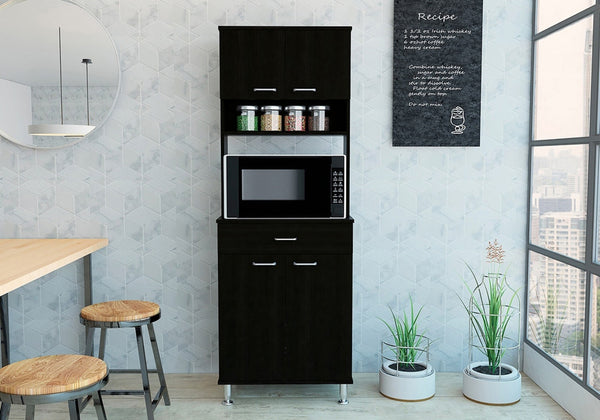 English Elm 1-Drawer Wenge Area Pantry Cabinet with 5 Shelves, 4 Doors, Mini Stove Space & Adjustable Metal Legs, Compact 66.5" Storage Solution B06280023