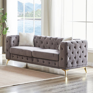 English Elm Fx Chesterfield Velvet Sofa with Diamond Tufting Polished Legs and Accent Pillows W1926S00090