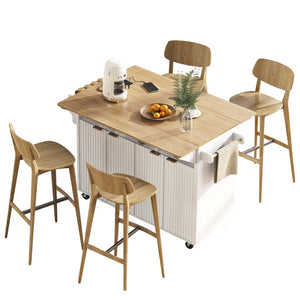 English Elm K&k Fluted Rolling Kitchen Island Faux Marble Top Power Outlet Storage Drawers White N707P353934W