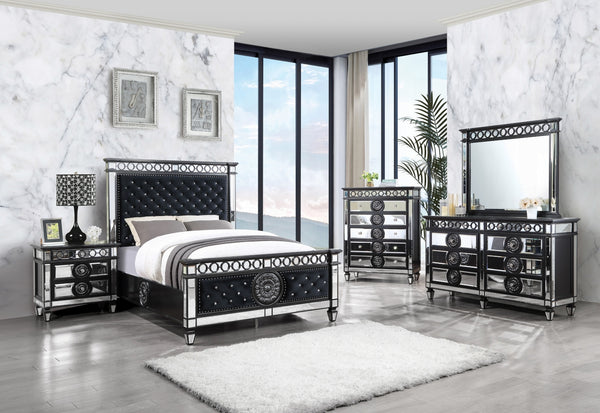 English Elm Glam Mirrored Nightstand with 2 Drawers and Crystal Knobs, Tapered Legs and Geometric Accents — Elegant Bedroom Storage Black,Silver 22.25 L x 35 W x 29.5 H B2741P324367
