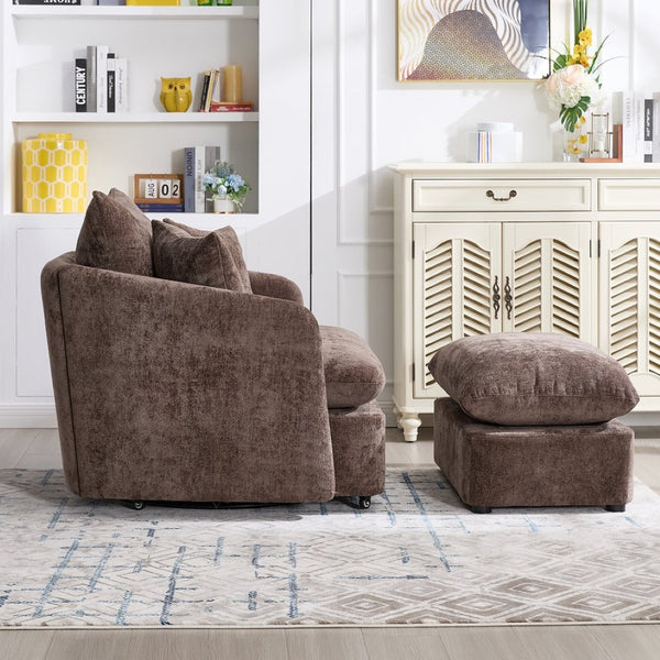 English Elm 360° 360 Swivel Oversized Chenille Armchair with Pocket Spring Seat and Three Throw Pillows Brown W1361S00090
