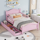 English Elm Twin Size Wood Platform Bed With Guardrails On Both Sides and Two Storage Drawers ,Pink