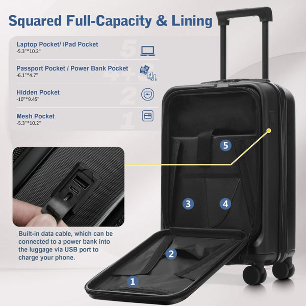 English Elm Luggage 5 Piece Hardside Abs Set with Front Access Carry on and Tsa Spinner Wheels Black N732P391544B