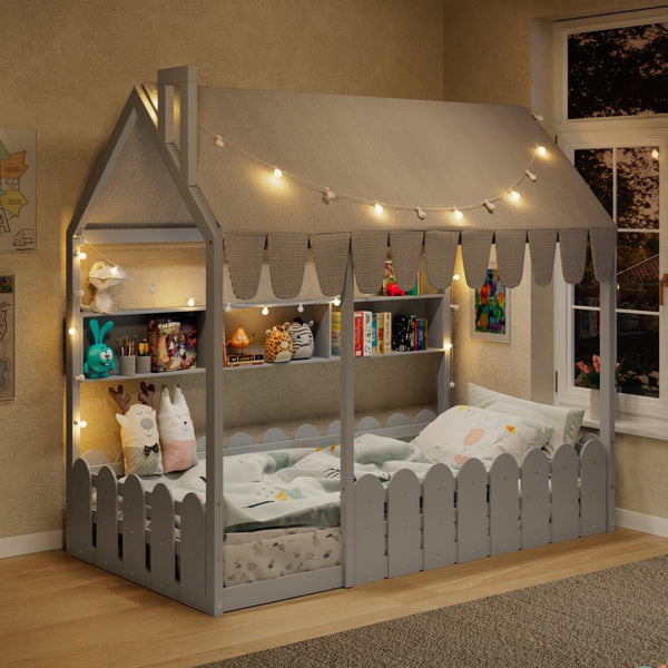 English Elm {slats Are Not Included} Twin Montessori House Floor Bed Kids Tent Lights Shelves Pinewood Frame Gray N708P407962E