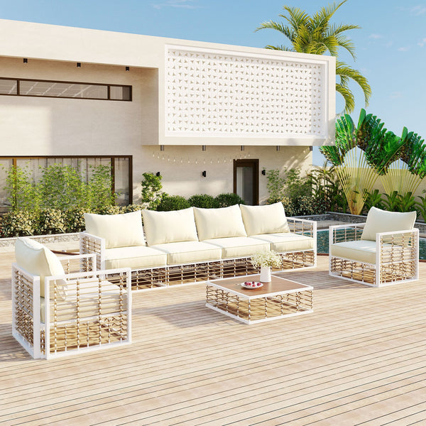 English Elm TOPMAX Modern Minimalist 7-Piece Metal Patio Sectional Sofa Set with All-Weather Rattan, Cushions and Coffee Table for Versatile Indoor Outdoor Entertaining White SP100026AAK