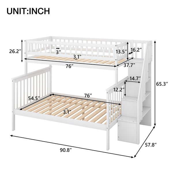 English Elm Twin Pine Twin over Full Staircase Bunk Bed with Built-In Storage, Guardrails & Solid Slat Kit for Kids Room Comfort and Safety White SM000296AAK-1