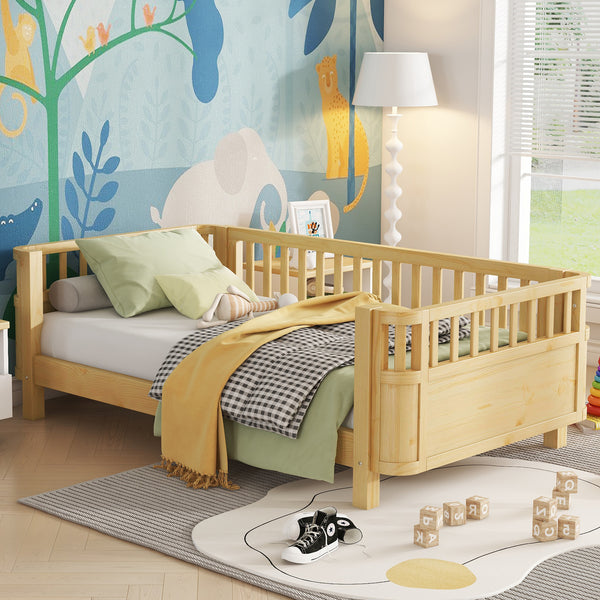 Twin Solid Pine Low Profile Kids Bed with Full Guardrail System and Rounded Safe Corners