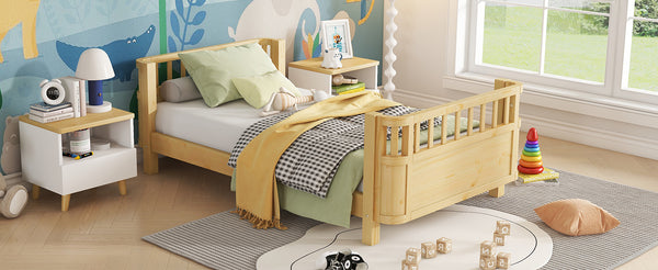 Twin Solid Pine Low Profile Kids Bed with Full Guardrail System and Rounded Safe Corners