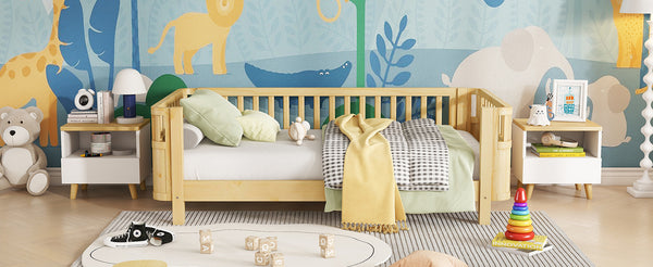 Twin Solid Pine Low Profile Kids Bed with Full Guardrail System and Rounded Safe Corners