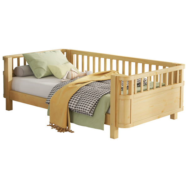 Twin Solid Pine Low Profile Kids Bed with Full Guardrail System and Rounded Safe Corners